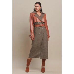 Faux Leather Double Breasted Trench Herringbone Coat